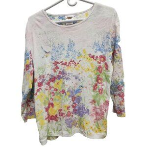 Pleasant Shade Top Womens Large Floral Hummingbird Rhinestone 3/4 Sleeve Cottage